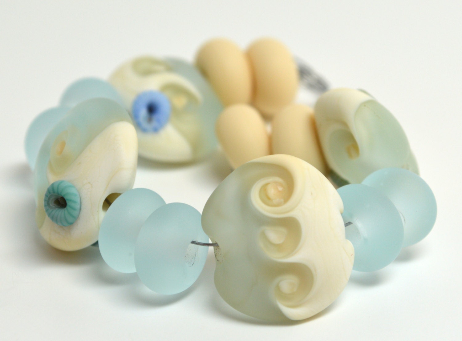 lampwork glass beads SRA handmade "pale aqua waves"  nugget focals and matching spacers for making jewelry 120412-3