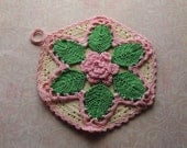 Handmade Vintage Crocheted Potholder, 1930s, 1940s, Pink, Green, Cream, Antique Home Decor,