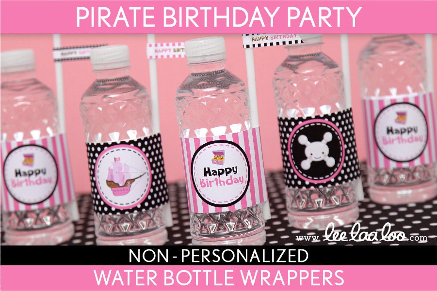 Pirate Birthday Party - Water Bottle Wrappers & Bonus: Straw Flags NonPersonalized Printable // Pirate Girl Pink Black - B10Ne Il_170x135