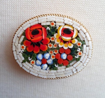 Mini Mosiac Tile Floral & Gold Tone Oval Pin