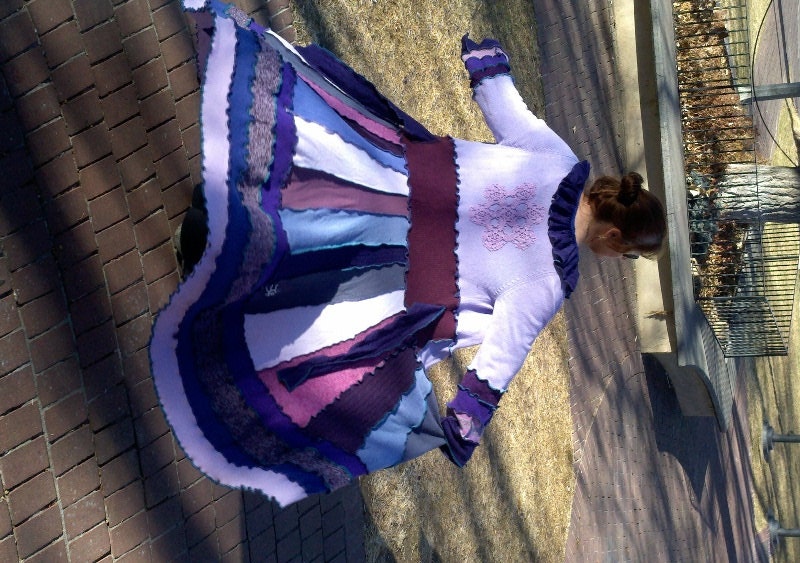Upcycled Sweater Purple Plum Lavender Violet. Plus size 1x ruffles long duster mandala