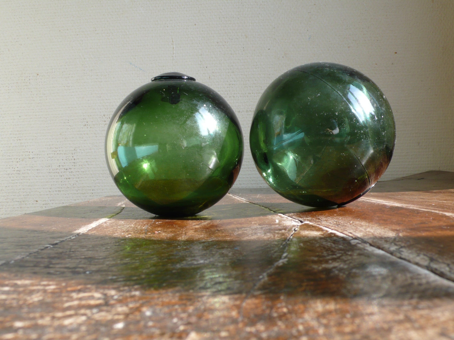 Vintage glass balls, sea floats, french, antique, nautical, fishermen, marine, green glass balls,  French vintage finds by ancienesthetique