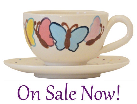 Ceramic Coffee Mug and Saucer with Butterflies and Polka Dots on SALE Now