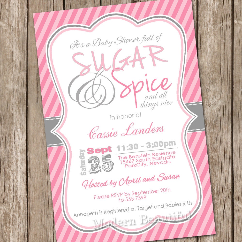 Pink and grey sugar and spice invitation, sugar and spice baby shower invitation, pink, grey, digital, printable 20130130-K1-2 Il_570xn