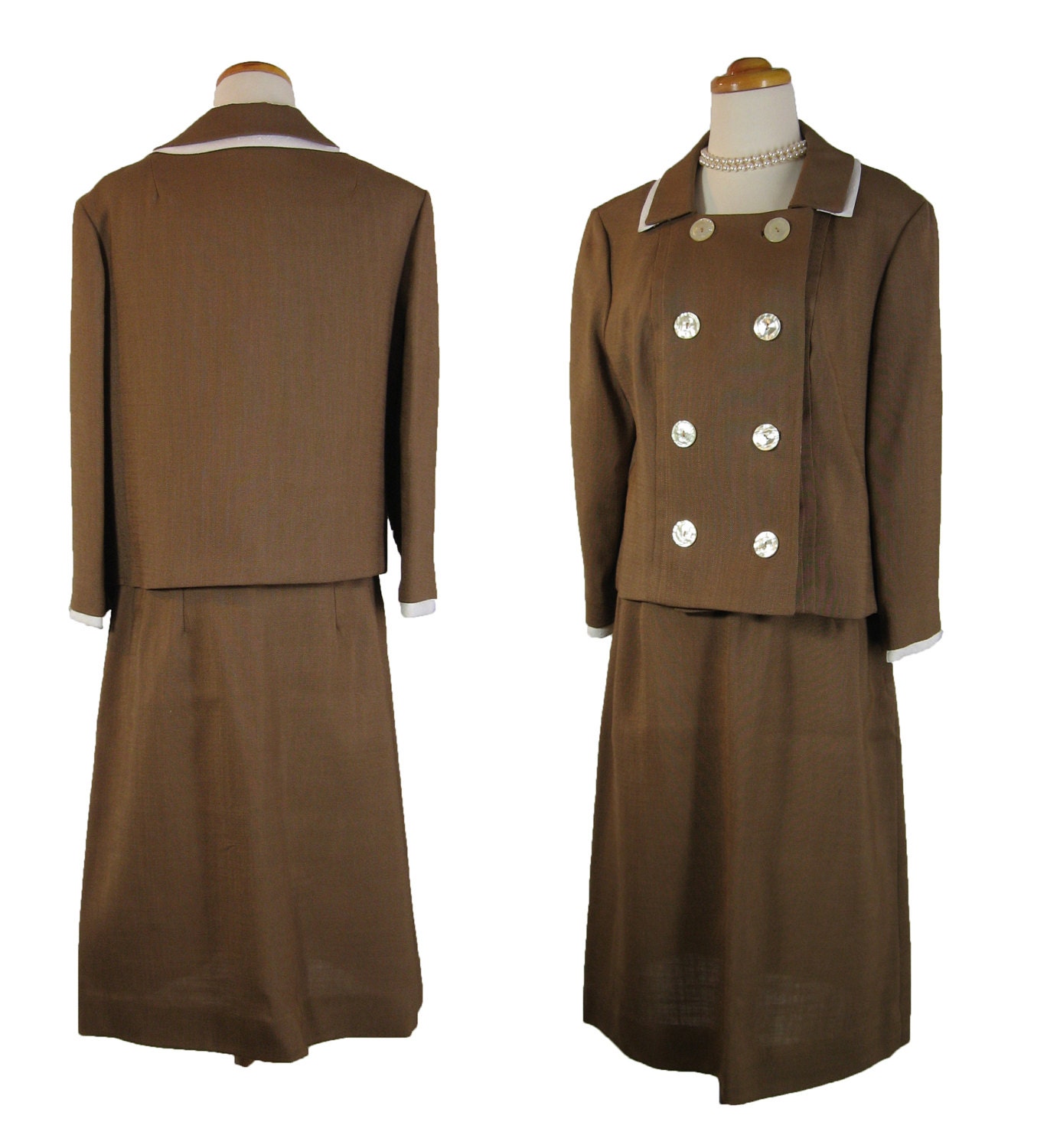 1960s Brown Linen Skirt Suit with Box Jacket and A Line Skirt by Kirkland Hall. Waist 28.