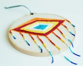 Hand Embroidered Design: Geometric Sunrise. Custom 6" Embroidery Hoop Art. Hand Stitched Multimedia Fiber Art. Hand Beaded Wall Hanging.