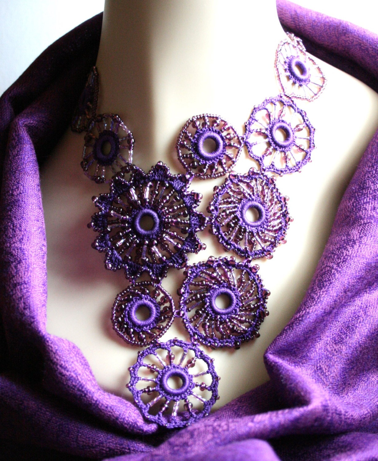 Purple Crocheted Beaded Medallion Circle Fiber Necklace