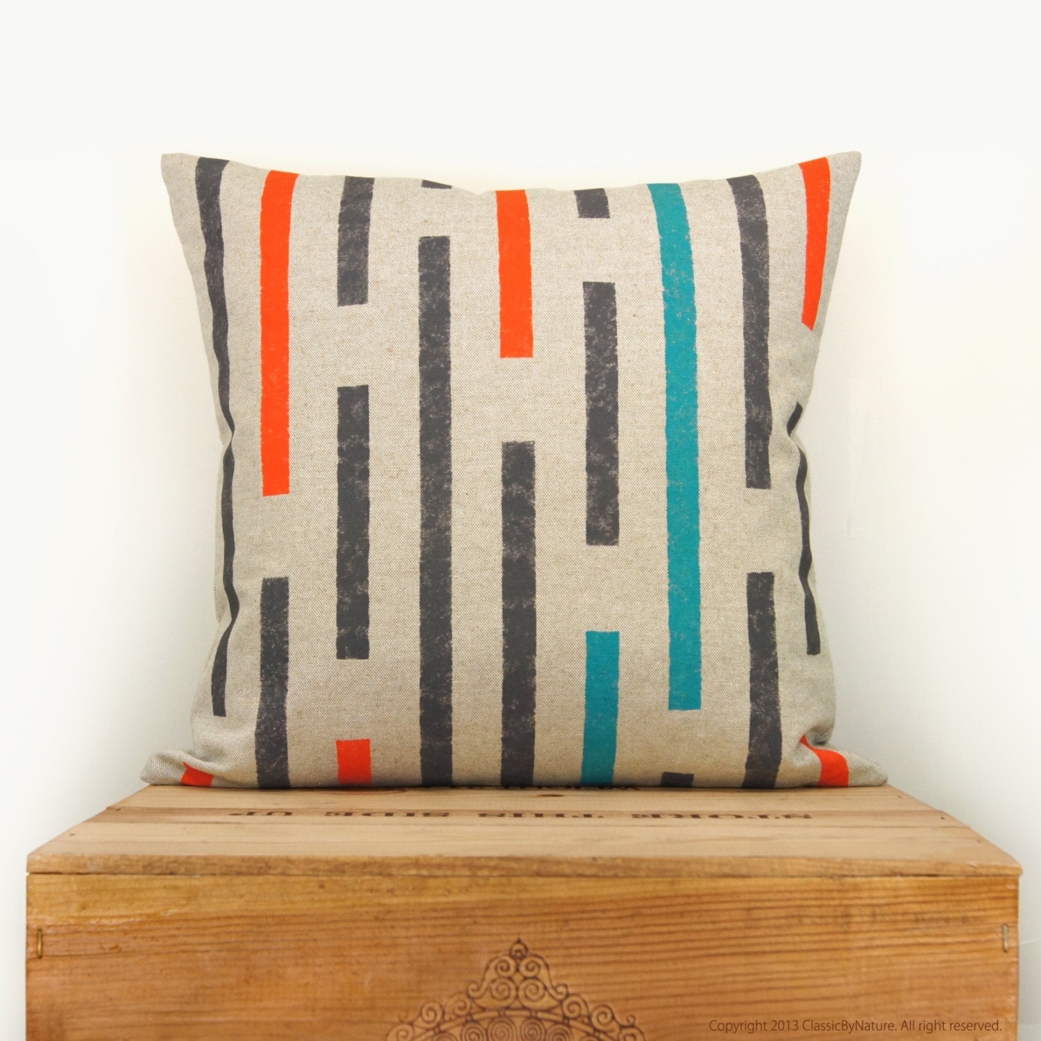 Throw pillow covers - Handprinted pillow in charcoal grey, orange, turquoise and natural beige with geometric stripes design - 16x16 size - ClassicByNature