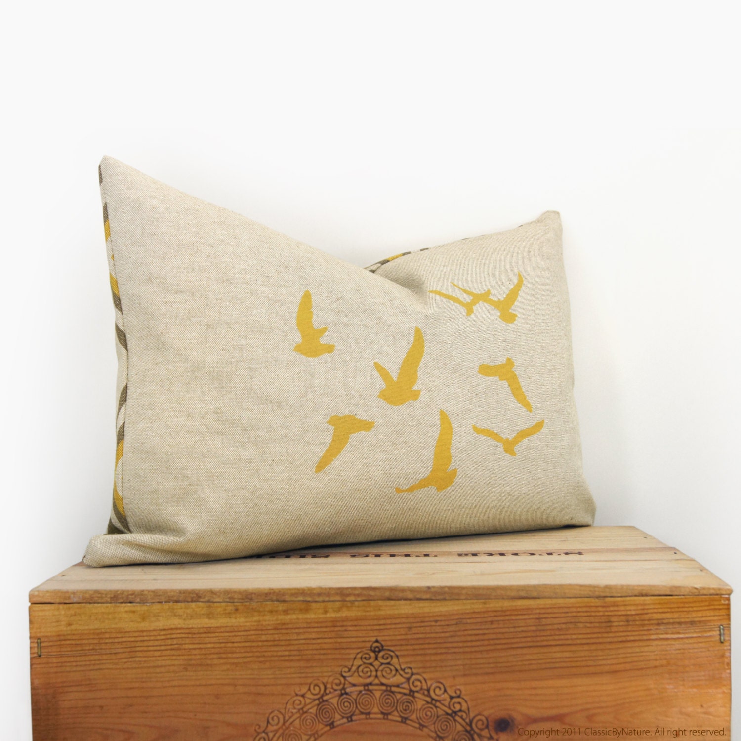 Birds pillow cover -  Decorative throw pillows - Mustard flying birds print on natural canvas with geometric printed back - 12x18 size