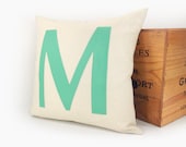 Monogram pillow - Alphabet letters - Mint green letter M applique on cream canvas - 16x16 decorative throw pillow cover - ClassicByNature