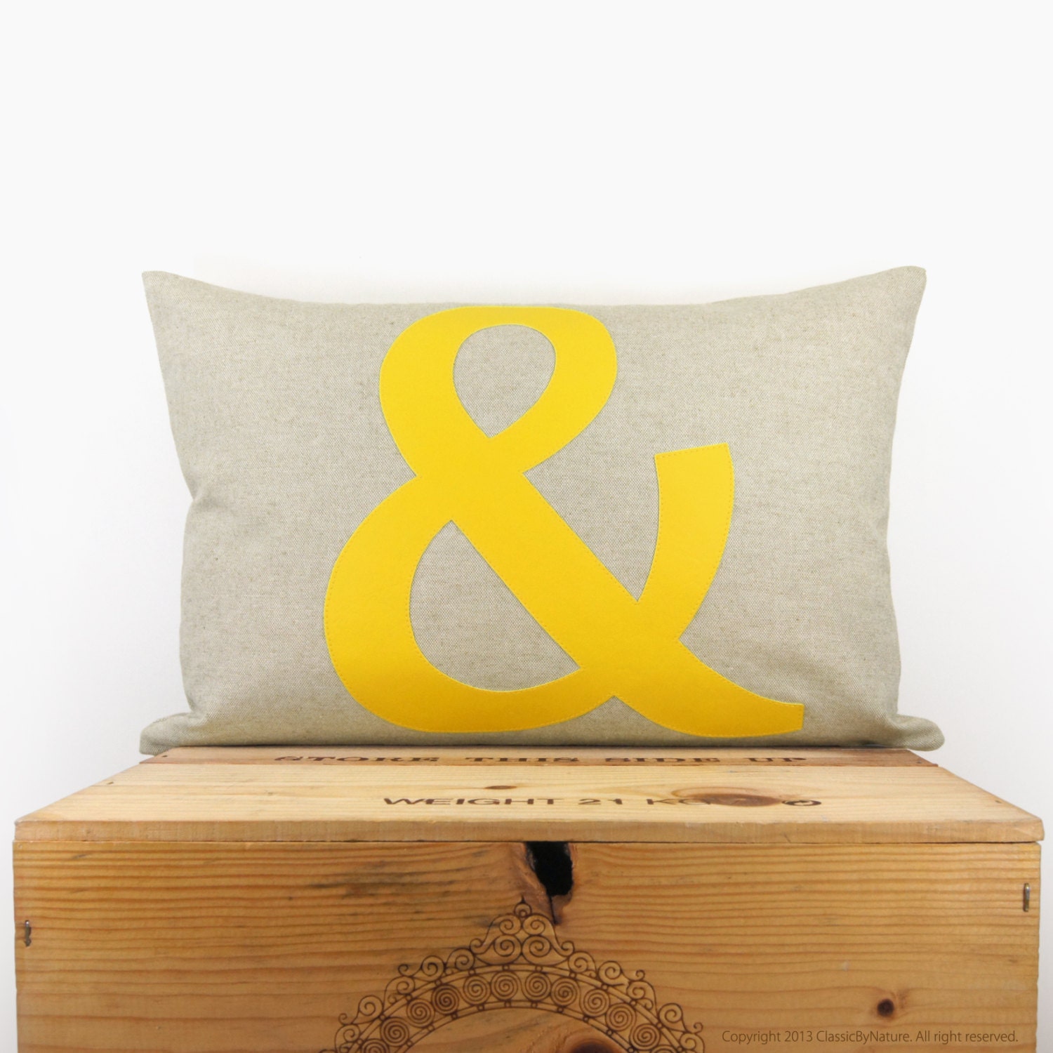 Ampersand pillow - Monogram -Typography Letter - Ampersand applique in yellow and natural beige - 12x18 lumbar pillow cover - ClassicByNature