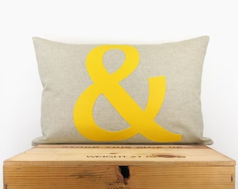 Ampersand pillow - Monogram -Typography Letter - Ampersand applique in yellow and natural beige - 12x18 lumbar pillow cover