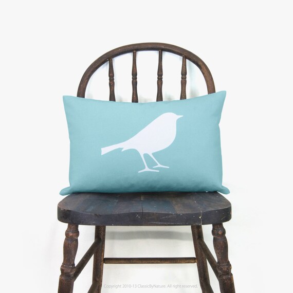 Bird pillow cover in aqua and white - 12X18 lumbar pillow cover - Shabby chic - Spring home decor - Woodland