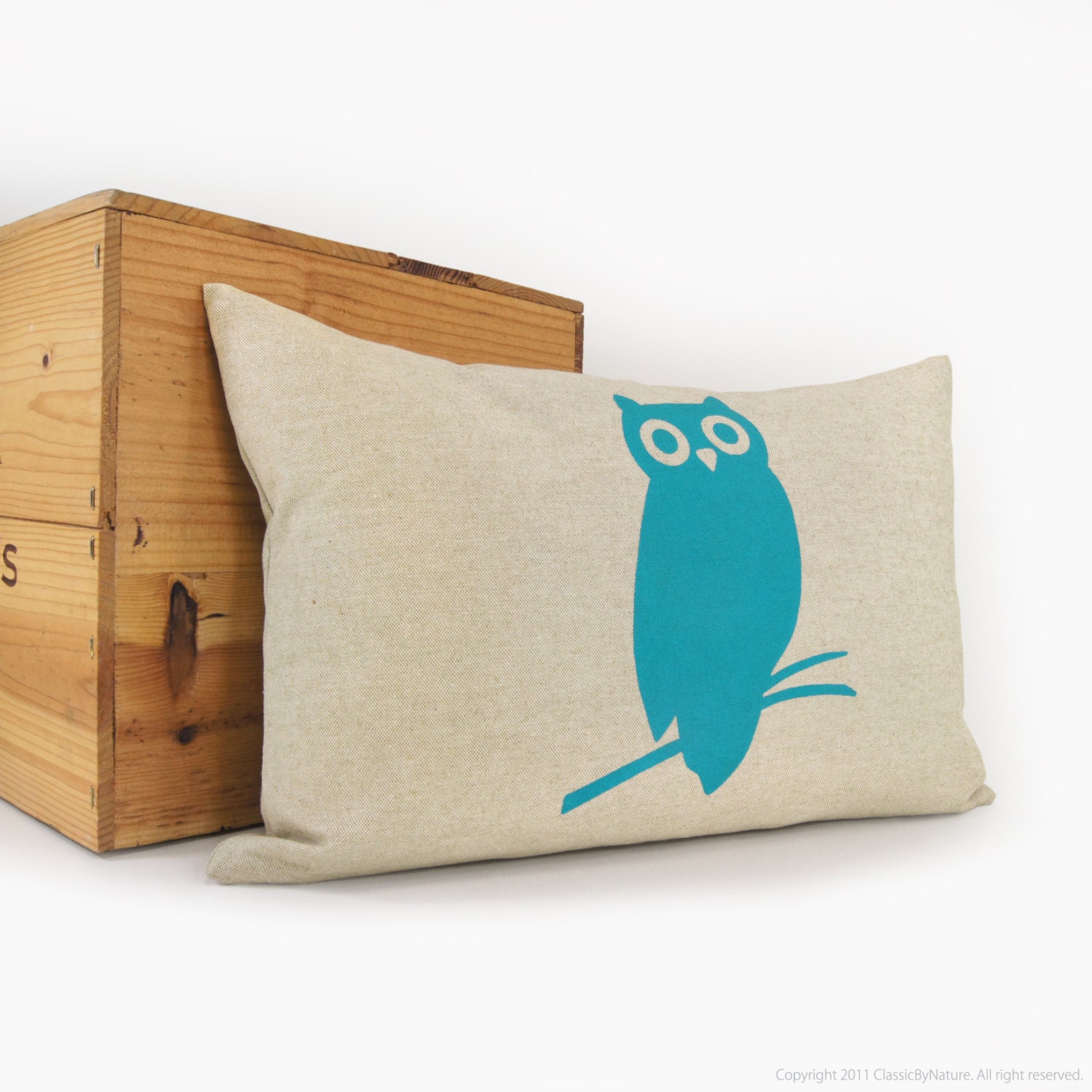 Owl pillow - Decorative throw pillows - fresh decor - Owl print in turquoise and natural beige - 12x18 lumbar pillow cover