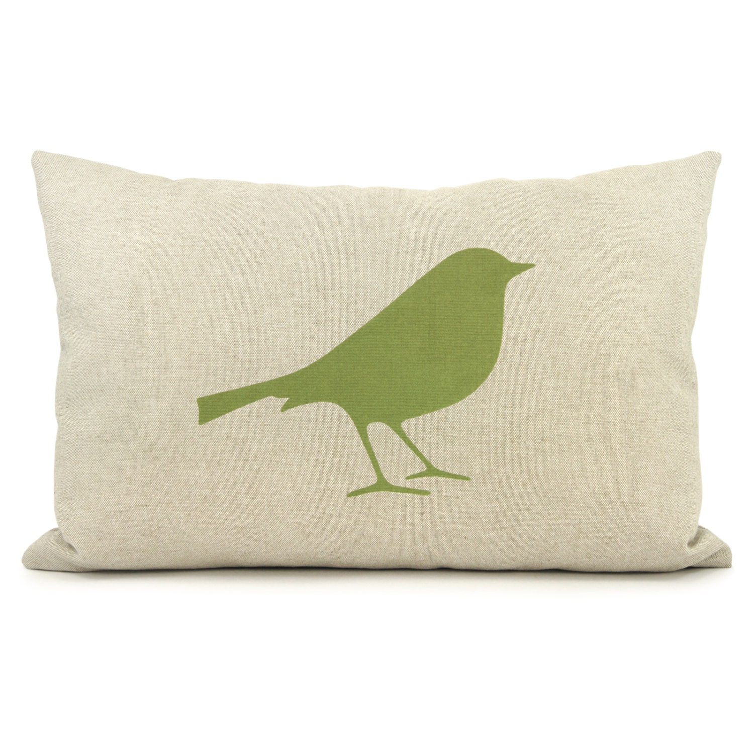 Natural pillow cover with apple green bird print and damask back - Bird pillow cover - Shabby chic - Spring decor - Decorative throw pillow