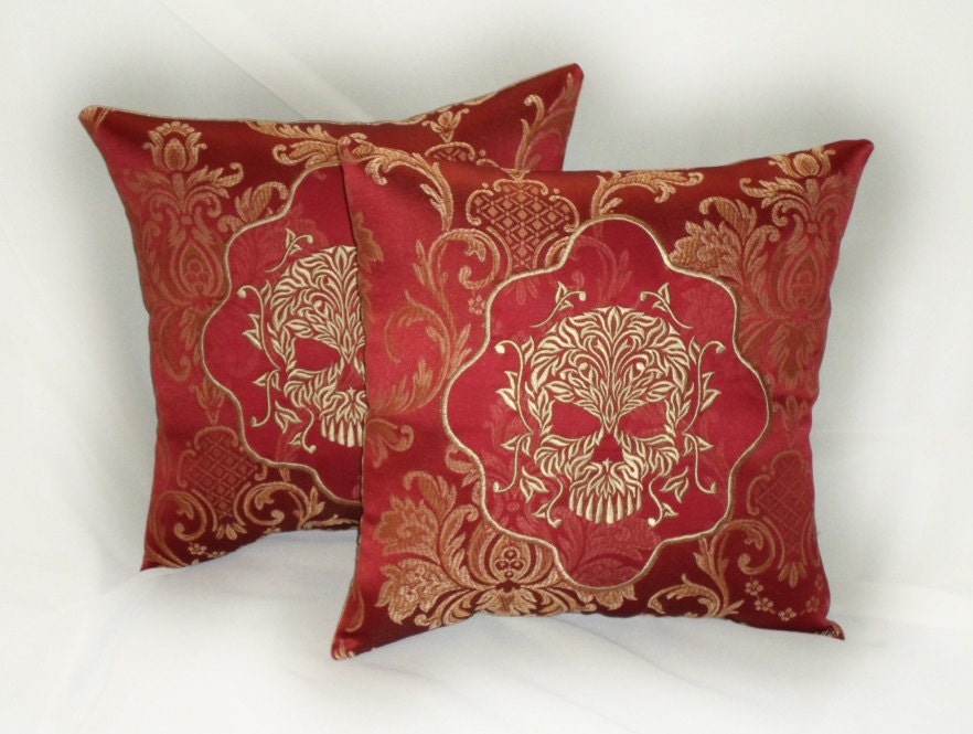 Damask Skull Decorative Pillow Set "Scary Pretty" 14x14 inch red & gold tapestry throw pillows (set of 2)- adjustable in color