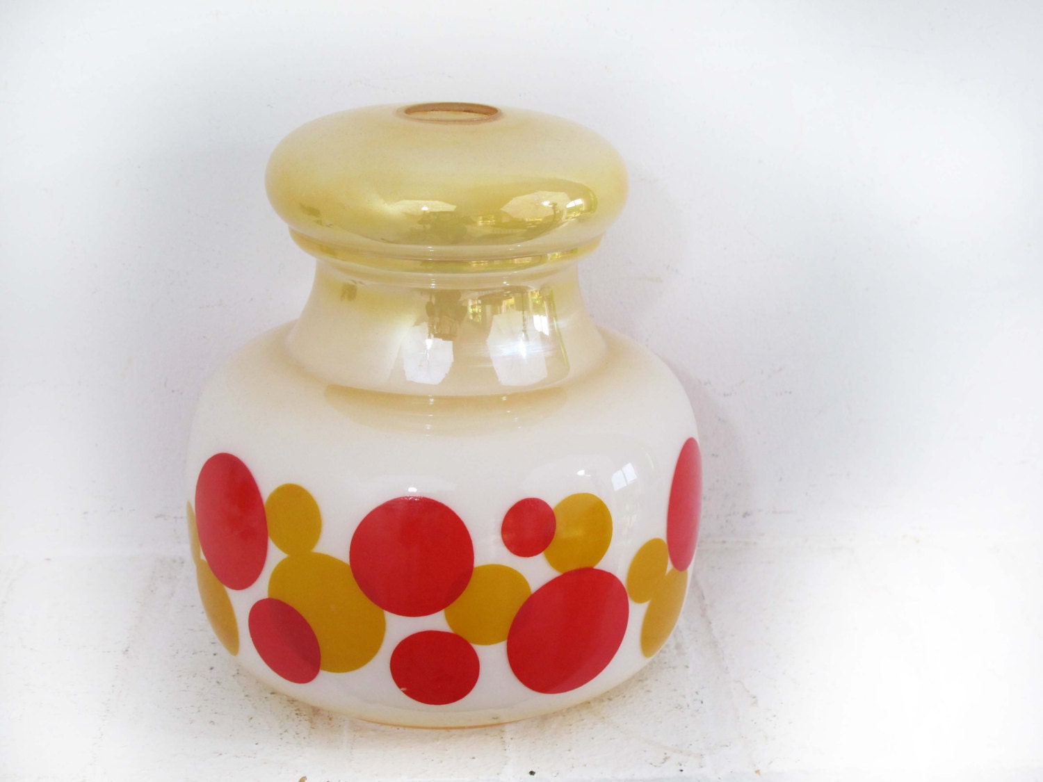 French vintage pop lamp in glass, french pendant lampshade, dots,70s retro