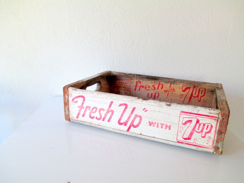 Vintage 7UP Crate, Wood White and Red with Metal Bracing 7 UP Box