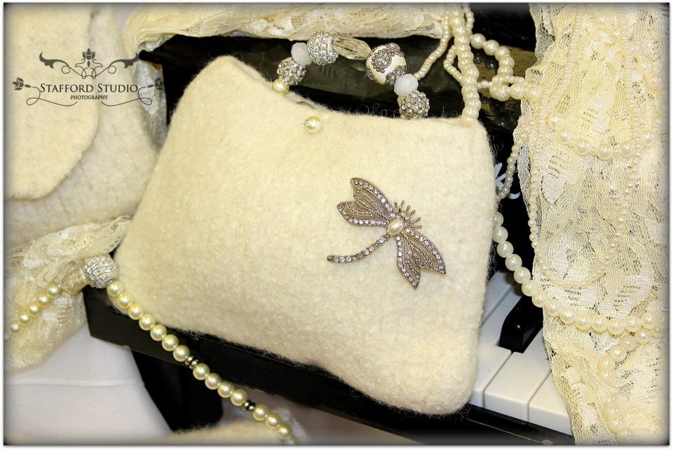 Wedding Bridal Bridesmaid Flowergirl  Clutch Purse Brooch Beads Felted by EllenLee