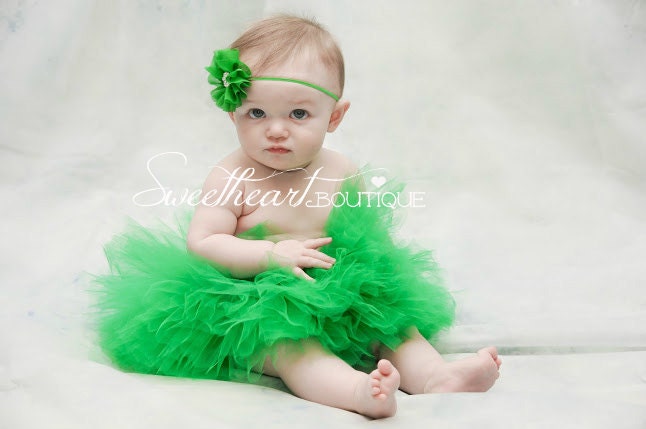 Green Tutu and Headband SET - Sweetheart Cupcake Style Newborn Tutu Set, Baby Tutu Set, Kelly Green Ballerina Flower Headband