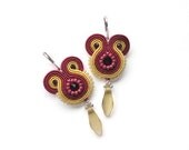 Fuchsia swarovski dangle earrings pink yellow statement hand embroidered soutache earrings. MADE TO ORDER.