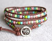 Turquoise, Pink, Green Boho leather wrap bracelet 'After the Rain', 3x Wrap, Chan Luu Style, palm tree, tropical, blue, trendy jewelry