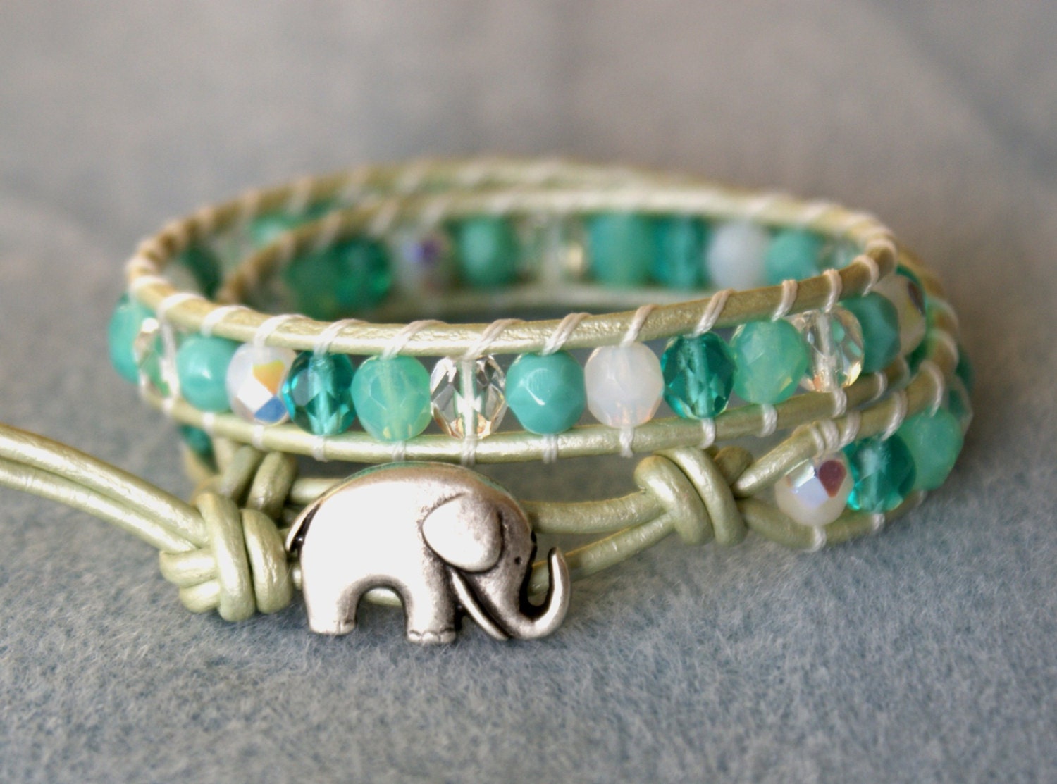 Crystal Aqua Bohemian beaded leather bracelet, 2x Wrap, Good Luck elephant, Chan Luu style, White, Opal, Crystal, Turquoise, wedding