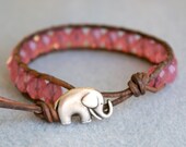 Bohemian leather wrap bracelet, Pink Baby Elephant, good luck charm, boho chic, elephant,  pink, silver, gift