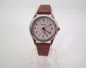 NOS Vintage early 1990s Speidel Silvertone Quartz Retro Woman's Ladies Watch W/RED Sweep Second Hand /Tan Leather Band Japan Movement