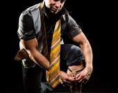 The Ombre Blocks Tie: Orange, Yellow, Black and White Silk Necktie with Swarovski Rhinestones and Matching Handkerchief