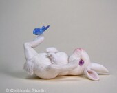Rabbit playing with a Butterfly - OOAK Miniature in 1/12 Scale - Pure Art Sculpture