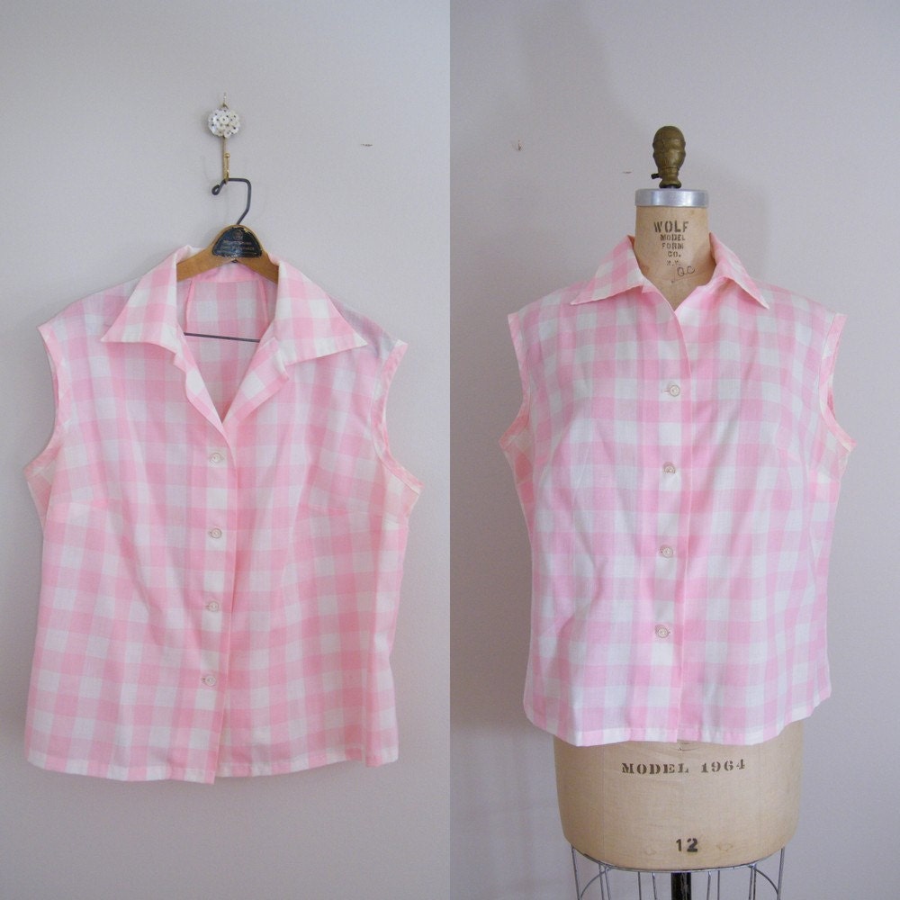 Vintage 60s Pink and White Checkered Sleeveless Plus Size Shirt /  Maternity