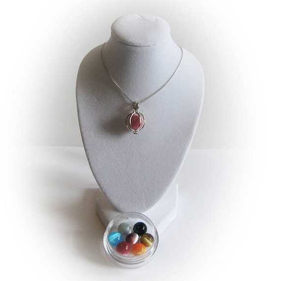 Sterling Silver Gemstone Locket with 18 Inch Sterling Silver Chain and Seven Different Cateye (Chatoyant) Gemstone Spheres