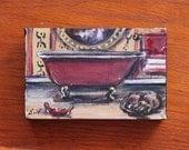 Paris Bathroom Interior With Bathtub mini original painting on stretched canvas 4 x 6''