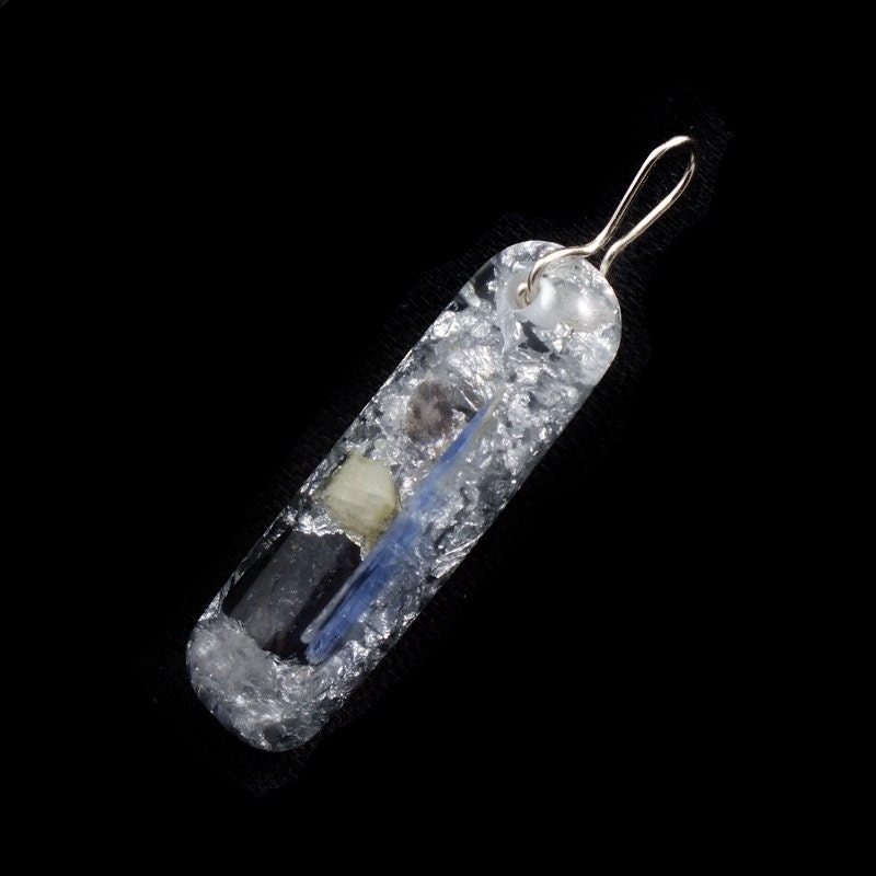 Orgone Positive Energy Generator Pendant .. Tibetan Crystal with Kyanite, Phenacite, Tourmaline, Rhodizite, Selenite, Silver .. (834)