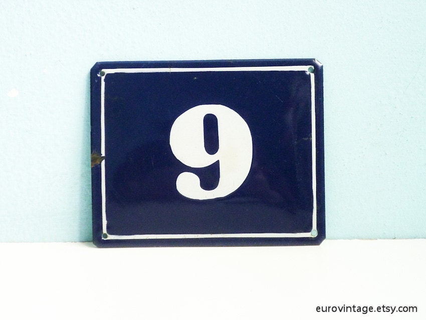 Vintage Metal Sign Number 9 Blue White Small