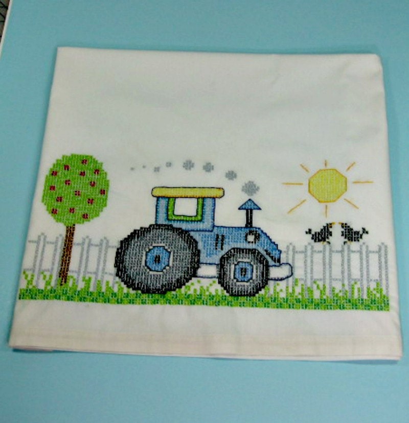 Tractor pillow case,  hand embroidered