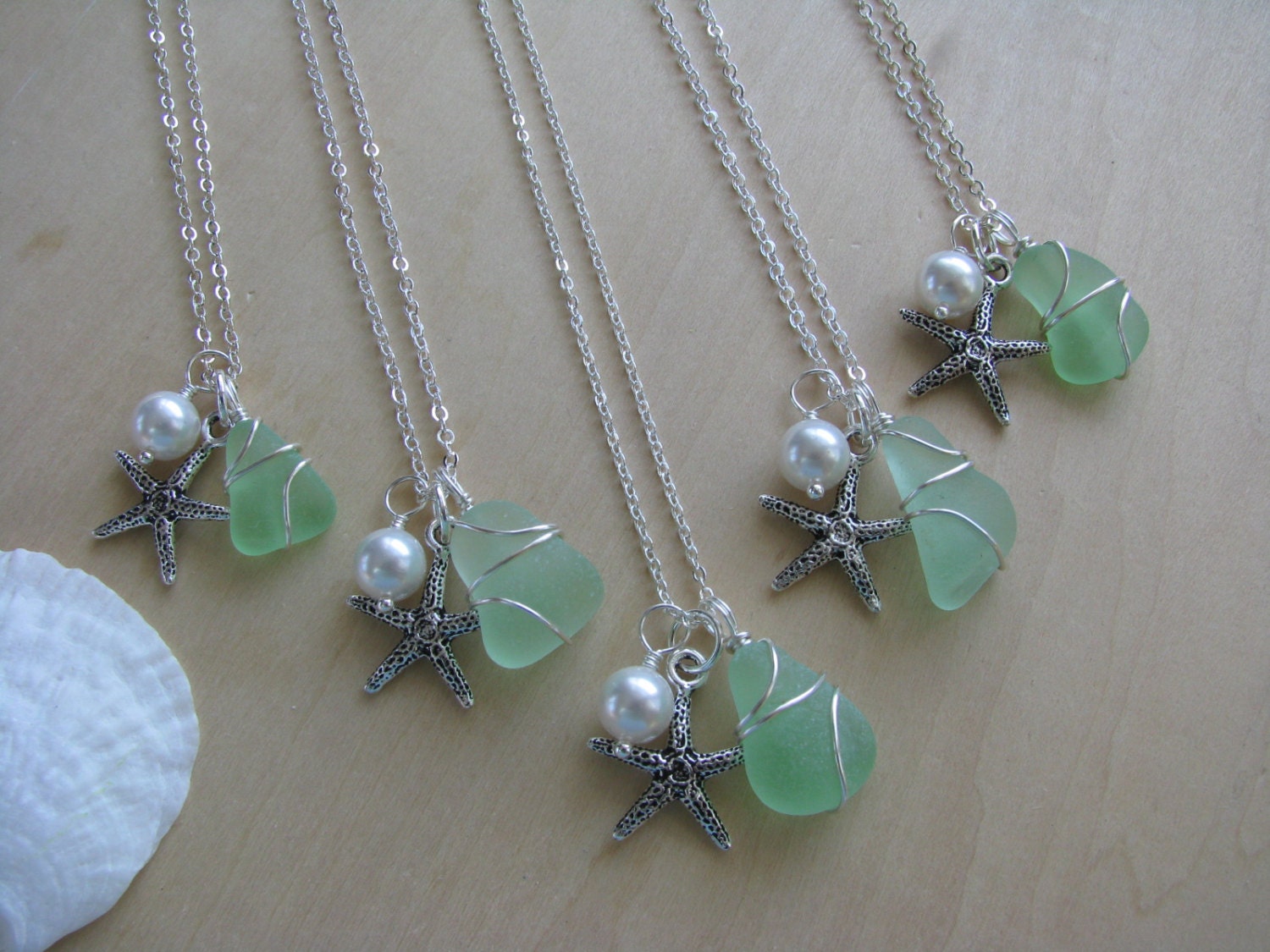 Sea Foam Sea Glass Jewelry Bridesmaid Jewelry Starfish Sea Glass Necklaces in Green, Wedding Jewelry Beach Glass Jewelry