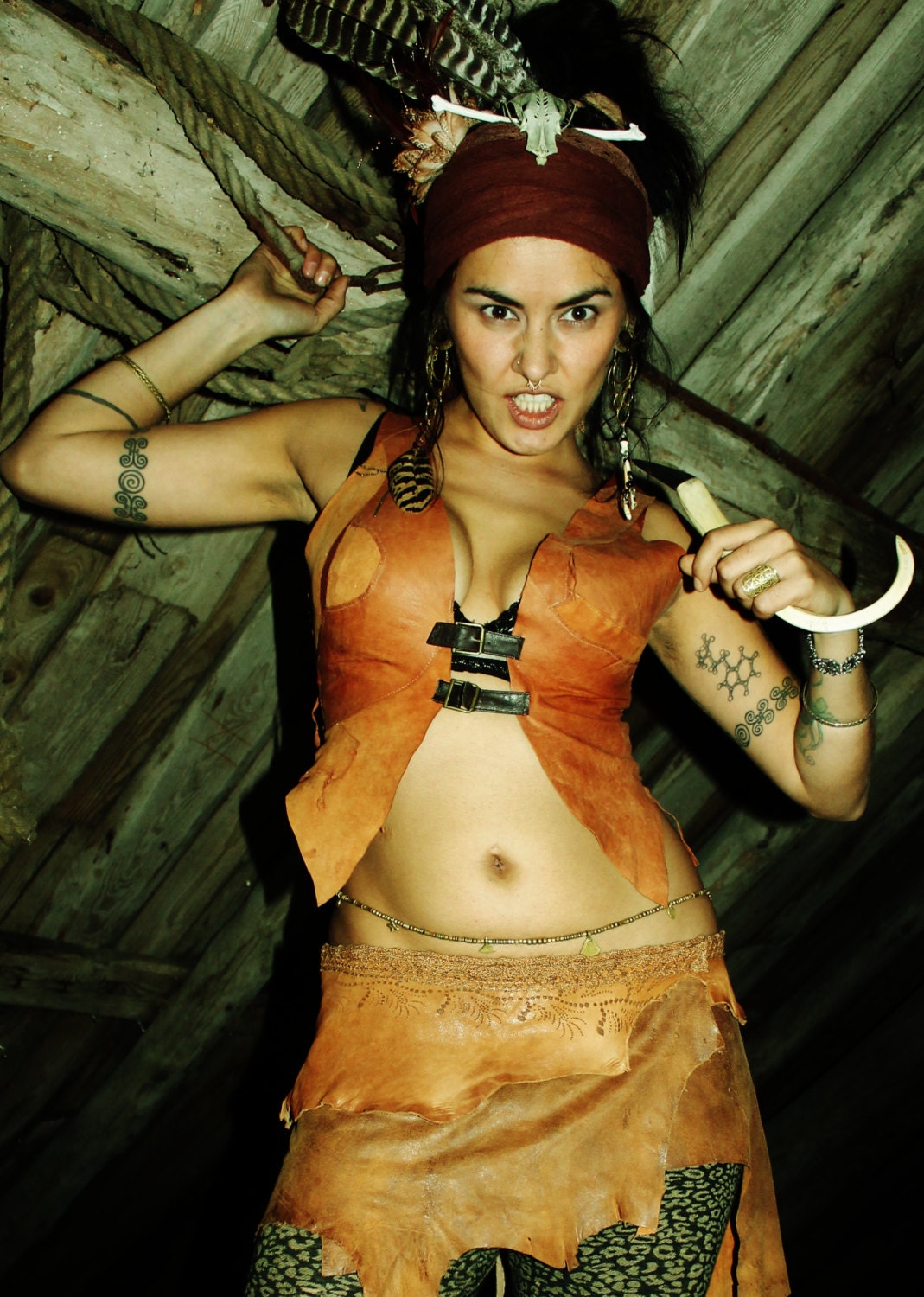 SALE leather vest     woodland romantic warrior tribal  rust tan brown patchwork fitted vest