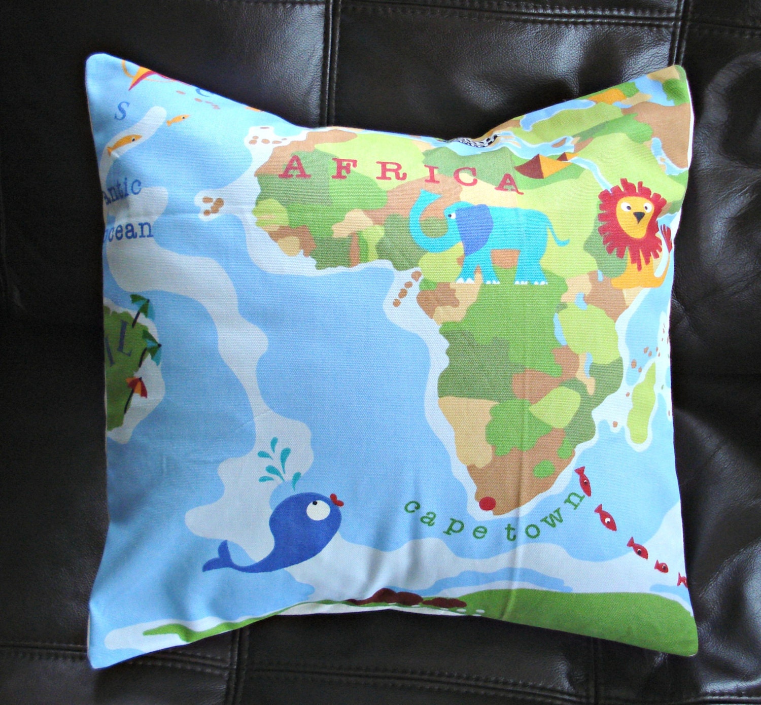 Throw Pillow Childrens Atlas World map 16 inch Africa cape town Italy lion elephant lion fish red green blue cushion cover