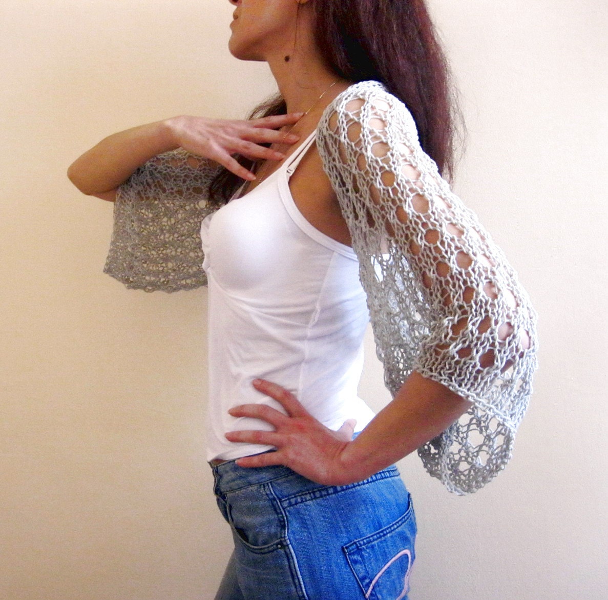 GRAY COTTON  SHRUG  ....Elegant Hand Knitted Summer Shrug