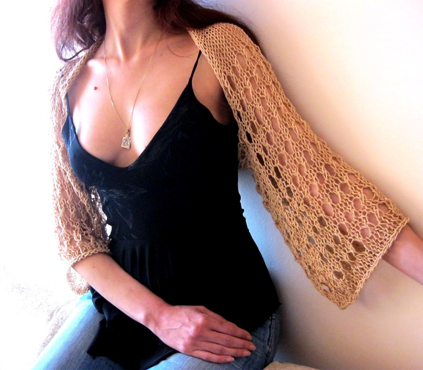 CARAMEL BEIGE COTTON Shrug...Elegant Hand Knitted Summer Shrug