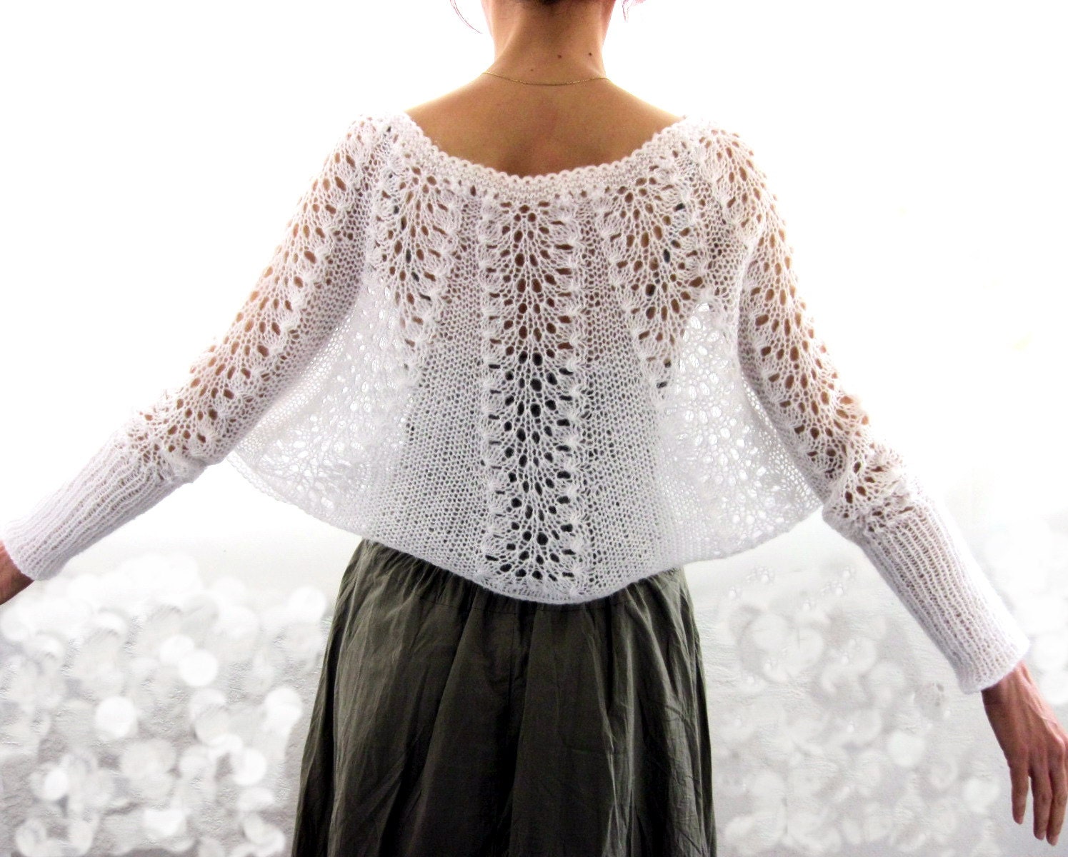 Elegant Hand Knitted  Lace  Bolero - Vest with sleeves , Capelet  in  White Mohair