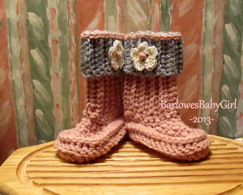 Buggs- Crochet Baby Booties in Soft Pink w/ Light Grey Detachable Band and Flower Accent
