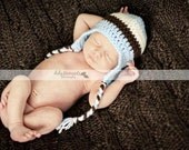 Striped Earflap Hat Soft Blue, Brown, and Cream - Newborn, baby, toddler, child size- colors customizable