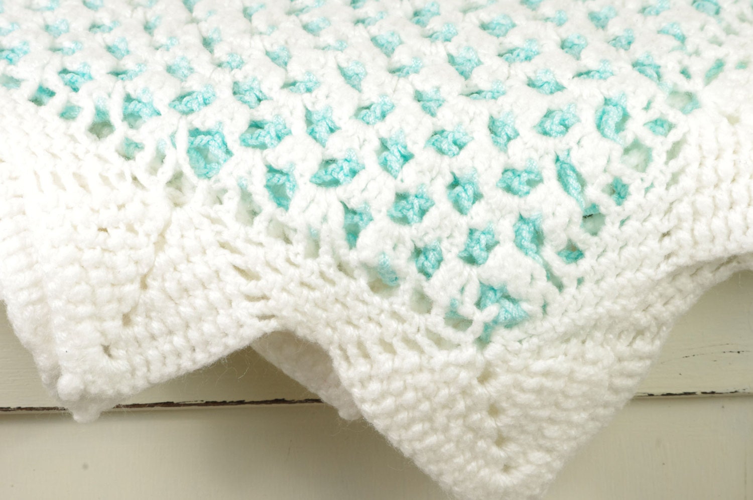 Vintage White and Aqua Blue Crocheted Blanket- Perfect for a Nursery or Newborn Photos