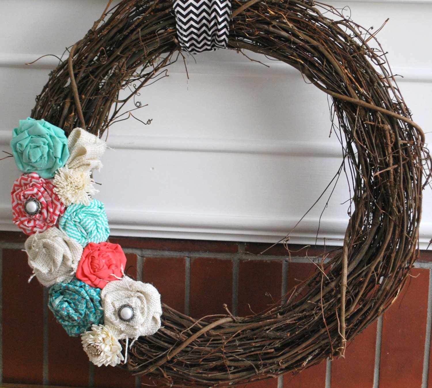 grapevine wreath with coral and turquoise flowers:)