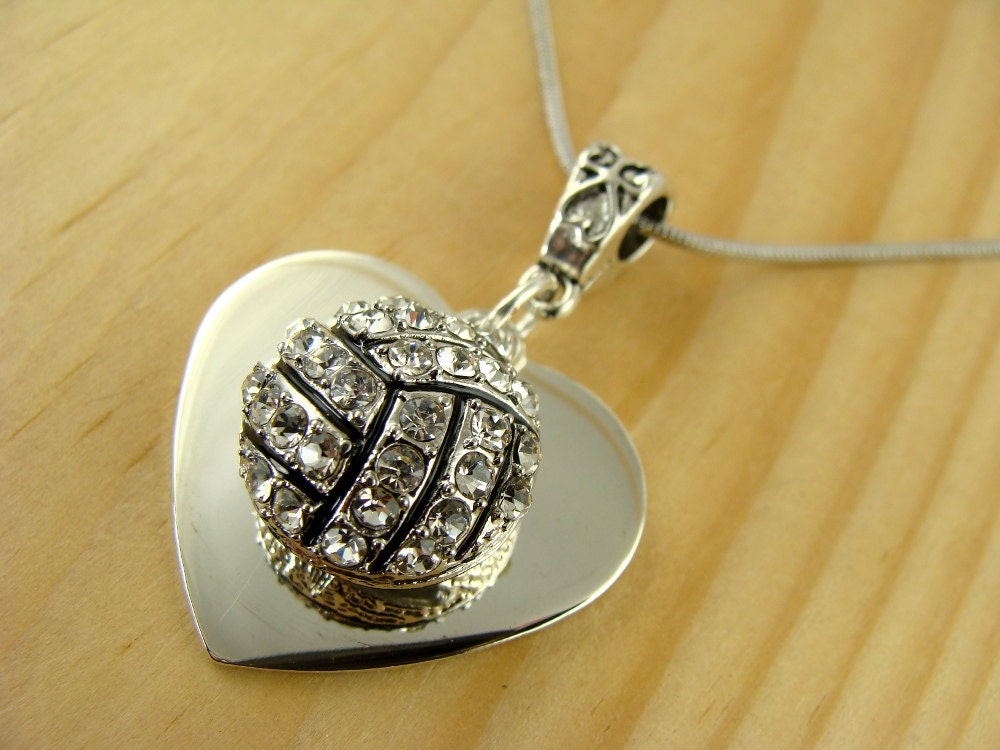 VOLLEYBALL over high polished silver heart Pendant Silver Chain Necklace