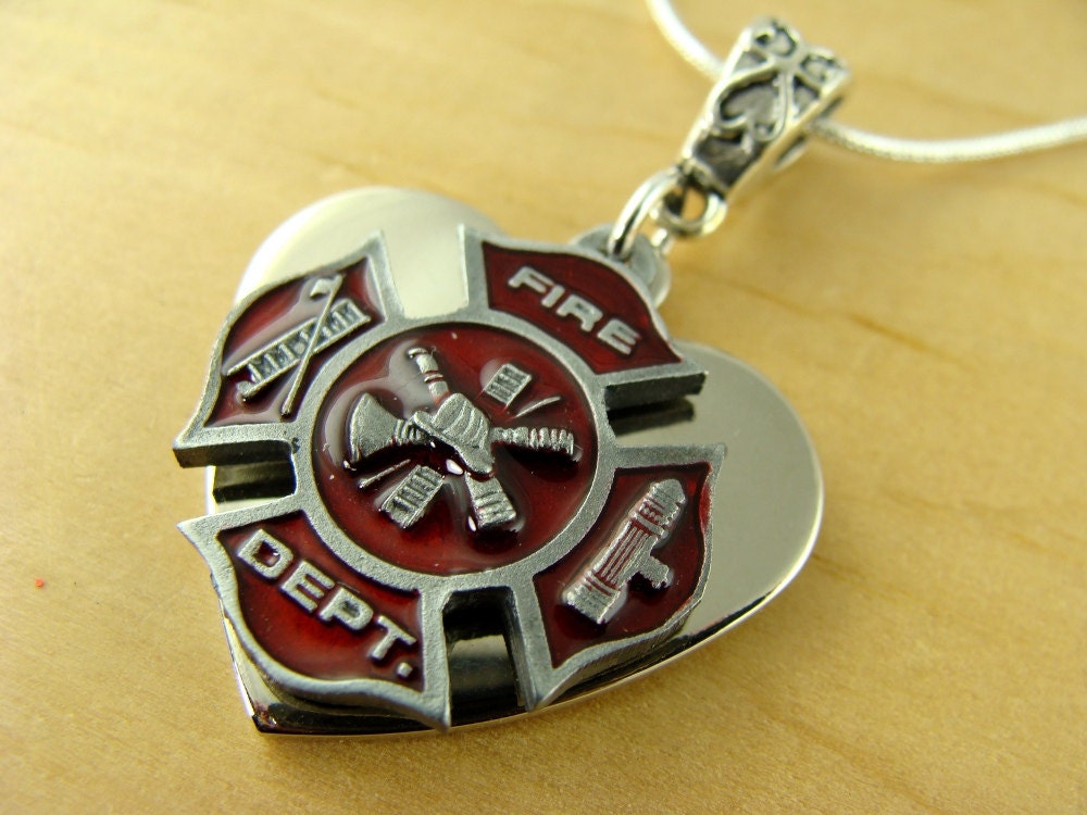 FIREFIGHTER over stainless steel heart Pendant with ss 925 chain Necklace