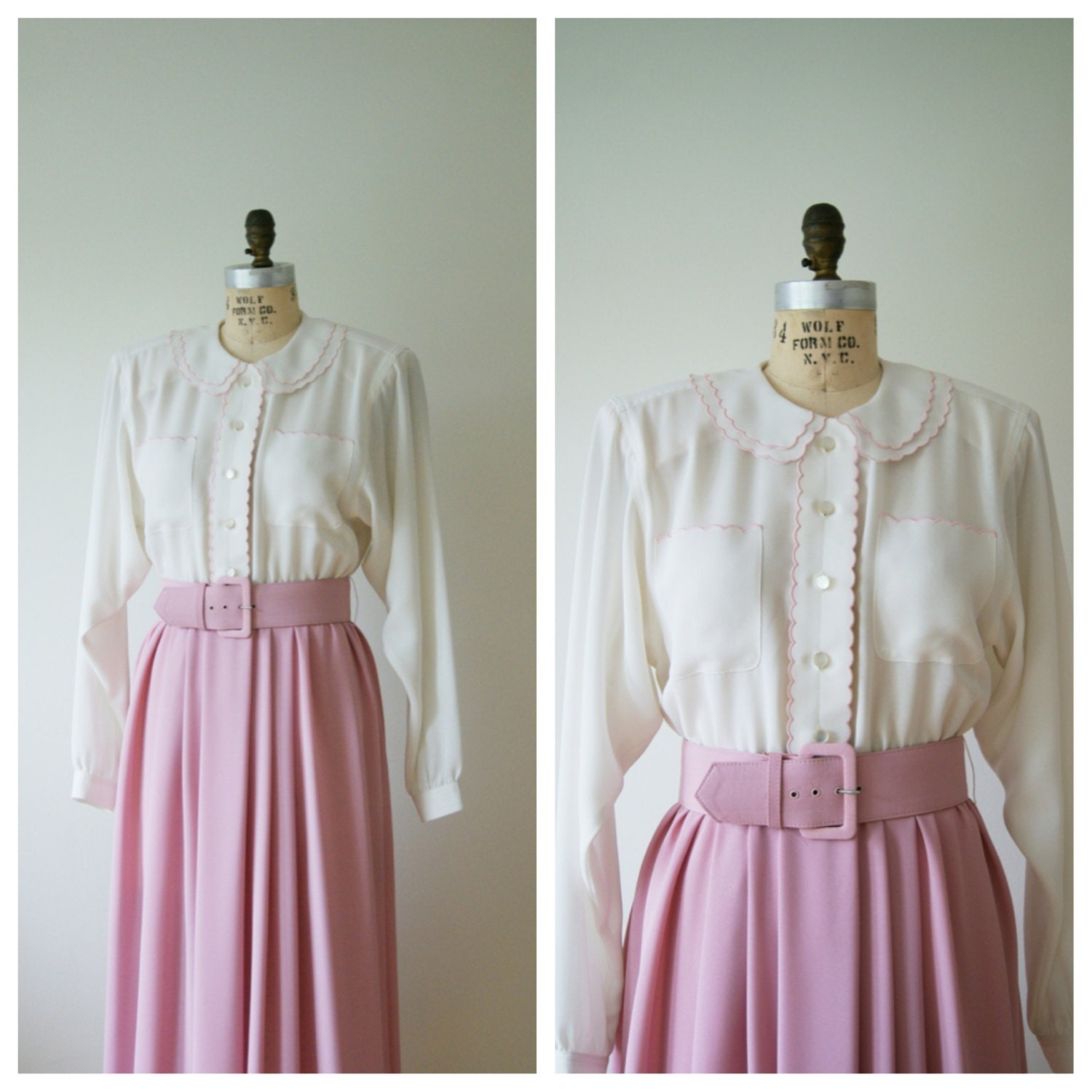 Pink and White Scalloped Edge Dress. Vintage Semi Sheer Day Dress. Small / Medium.